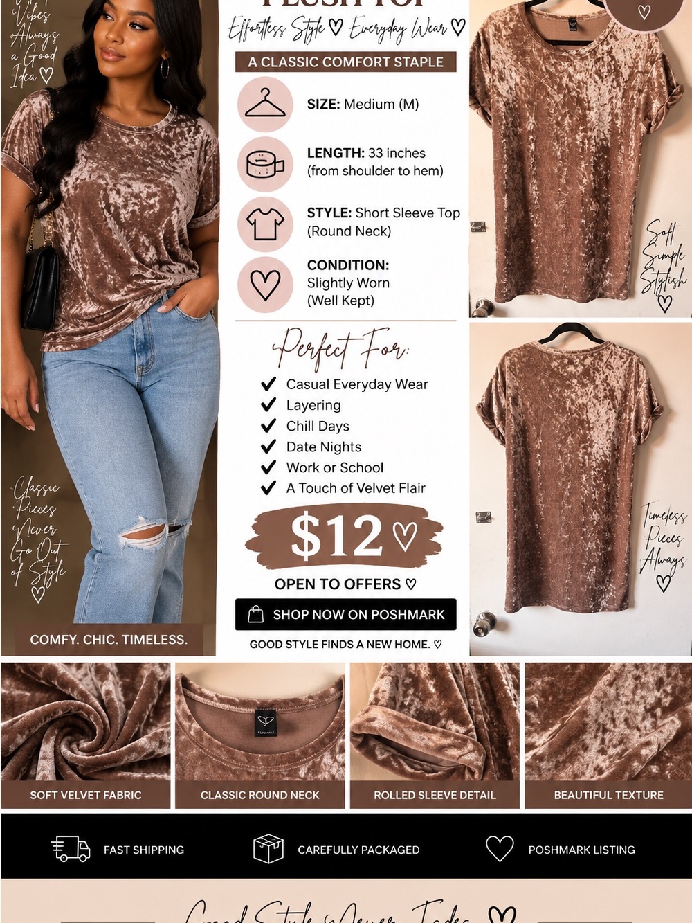 Velvet Short Sleeve Top - Taupe Brown (Classic Comfort)